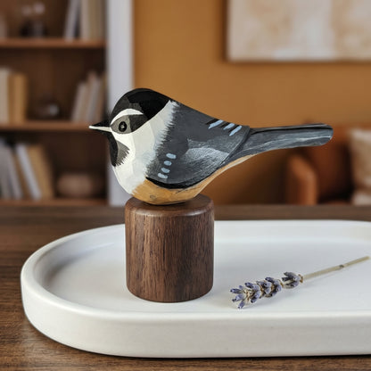 Hand Carved & Hand Painted Chickadee Figurine | Basswood with Black Walnut Base | 3 Species