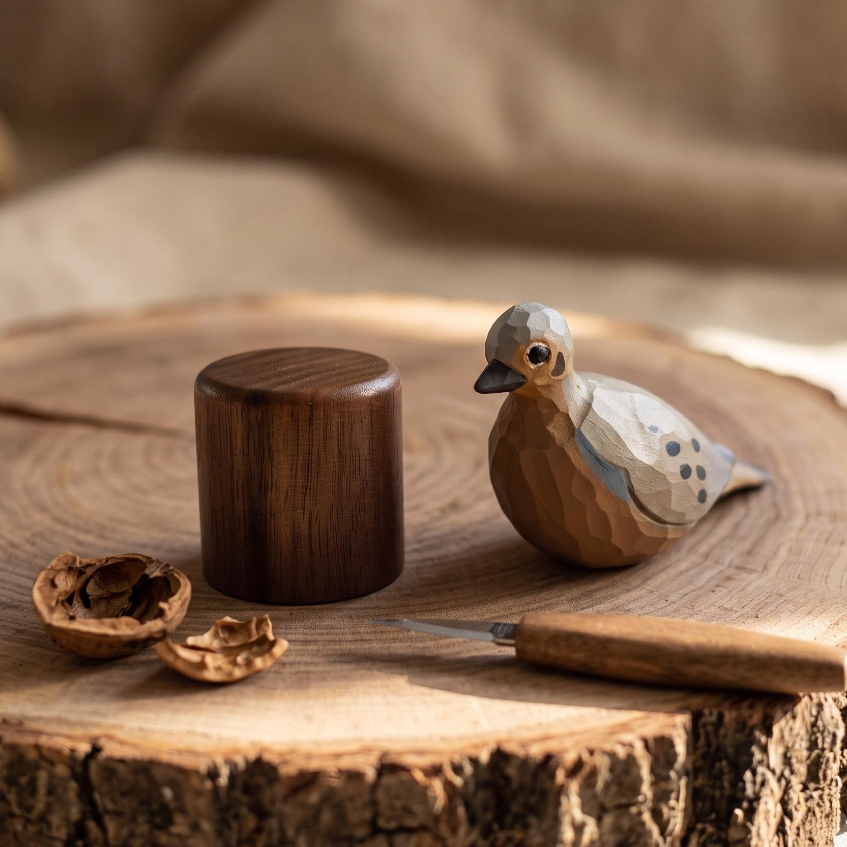 A handcrafted wooden Mourning Dove figurine with a matching dark wooden cap sits on a rustic wood slice next to a small carving knife and walnut shells.
