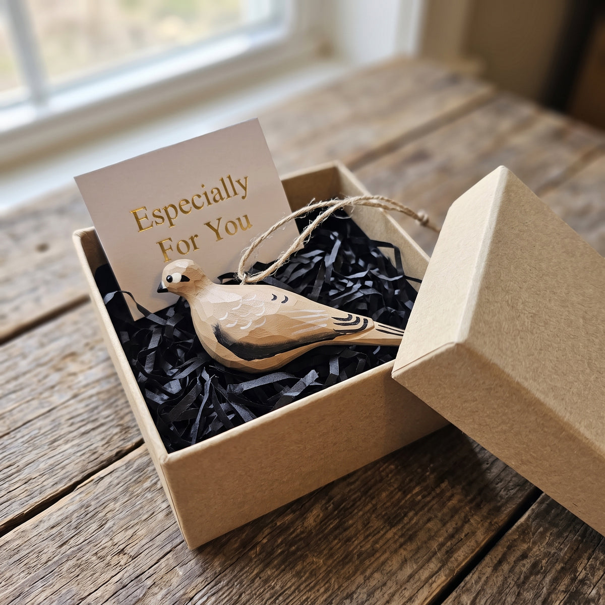 Hand-painted wooden Mourning Dove bird ornament packaged in a gift box with card