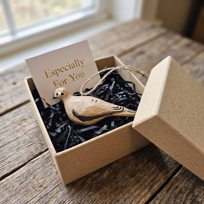 Hand-painted wooden Mourning Dove bird ornament packaged in a gift box with card