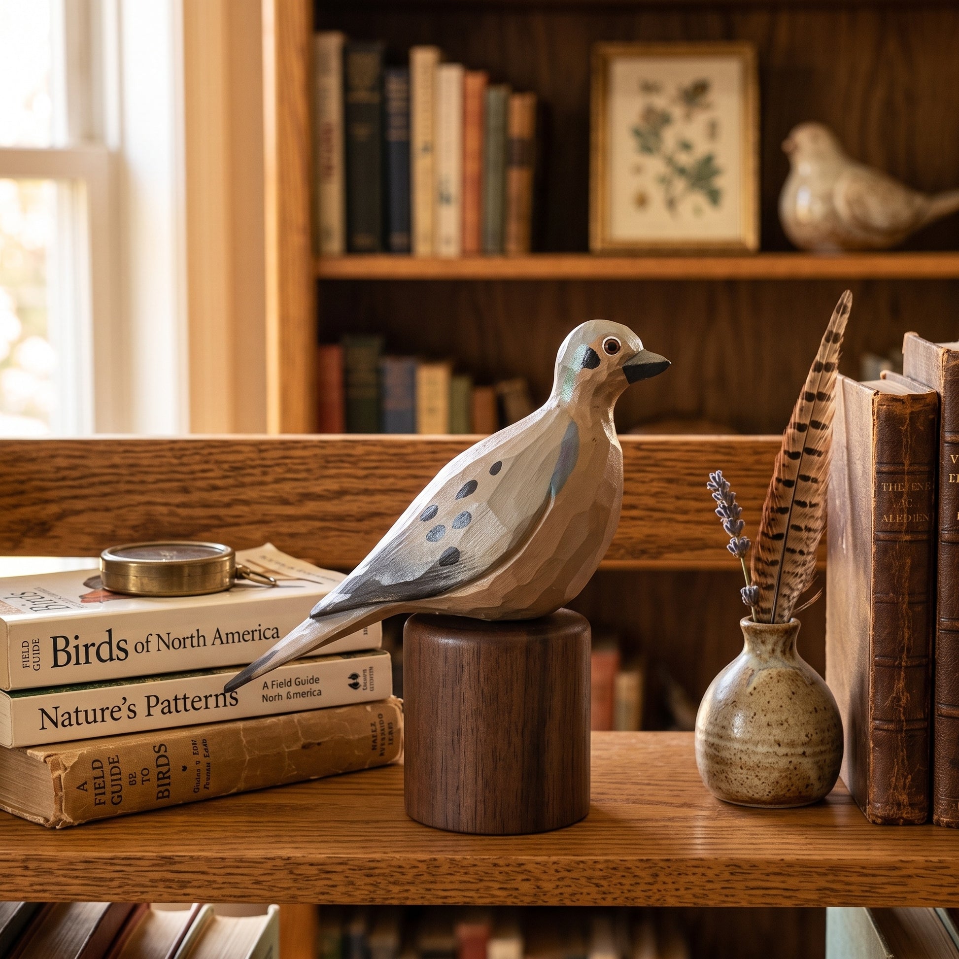 A decorative wooden Mourning Dove sculpture with painted blue, gray, and beige details sits on a dark wooden cylindrical base on a bookshelf, surrounded by books and a small vase with feathers.