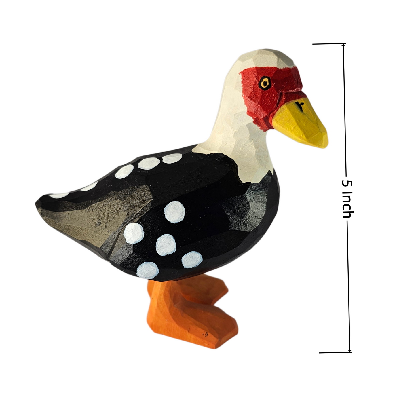 Size and dimension diagram of the hand-carved wooden Muscovy Duck figurine, indicating a 5-inch total height measurement.