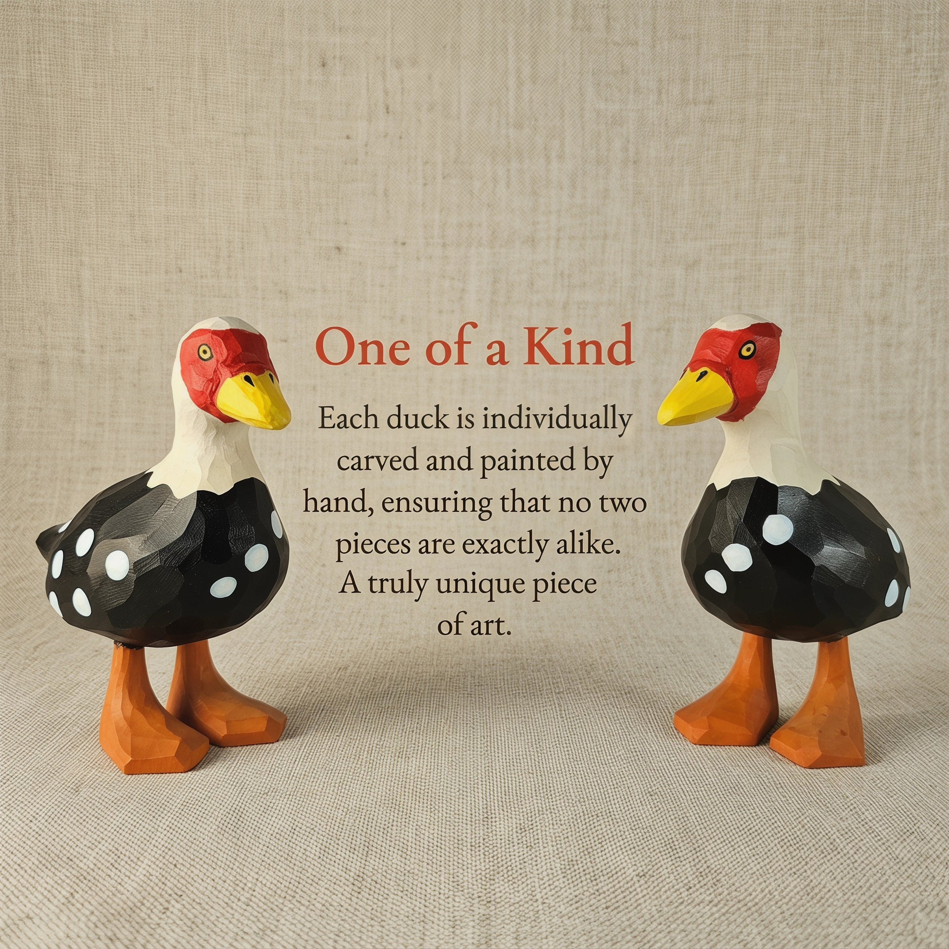 Two hand-carved wooden Muscovy Duck figurines standing side by side, highlighting their unique handmade details with the text "One of a Kind: Each duck is individually carved and painted by hand."