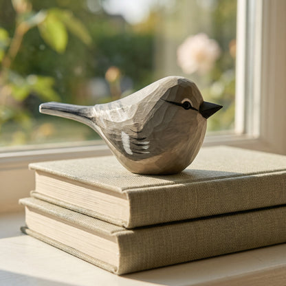 A small Northern mockingbird-shaped decorative object with a textured, wood-like finish in gray, black, and white, resting on top of two stacked beige books on a windowsill with a blurred outdoor garden background.