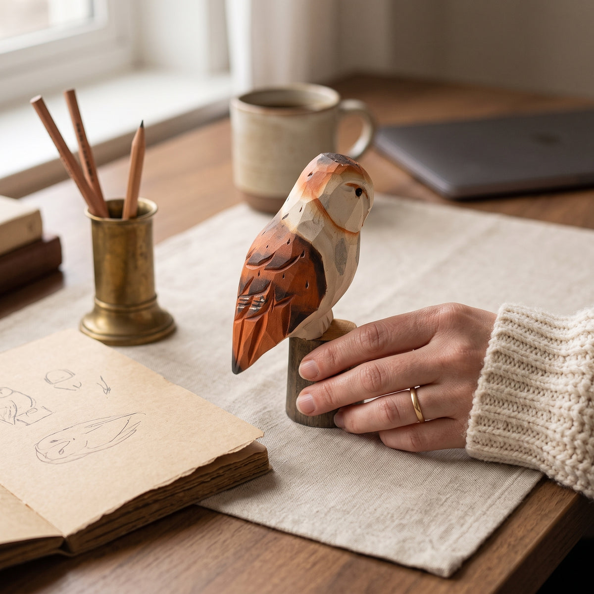 Artisan holding a hand-painted wooden barn owl statue at a desk with pencil sketches and brass brush holder