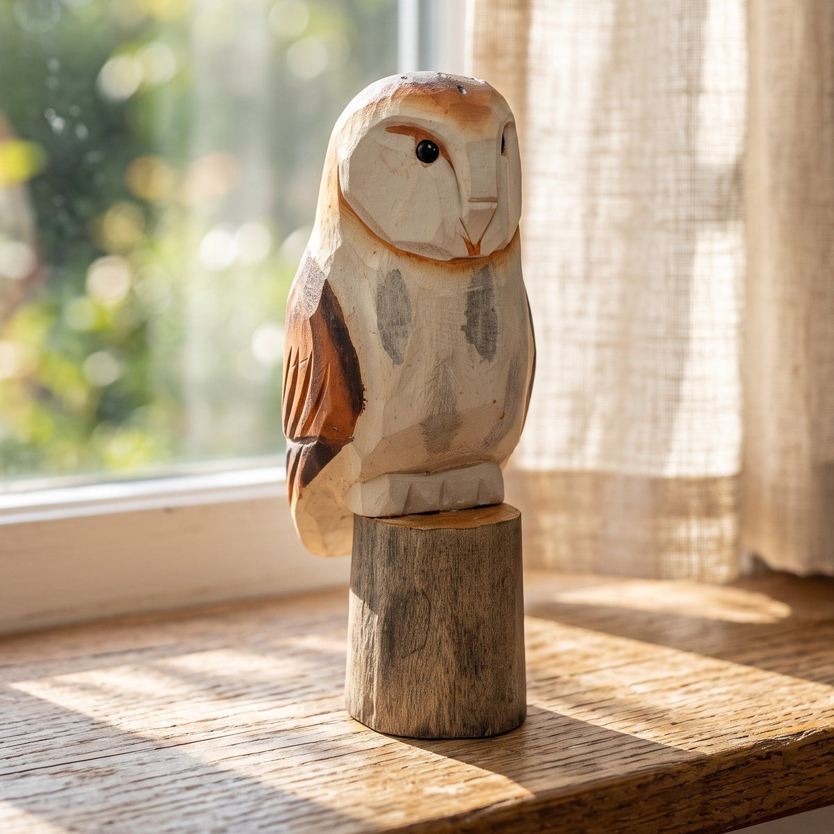 Hand-painted basswood barn owl wooden figurine home decor displayed in natural light