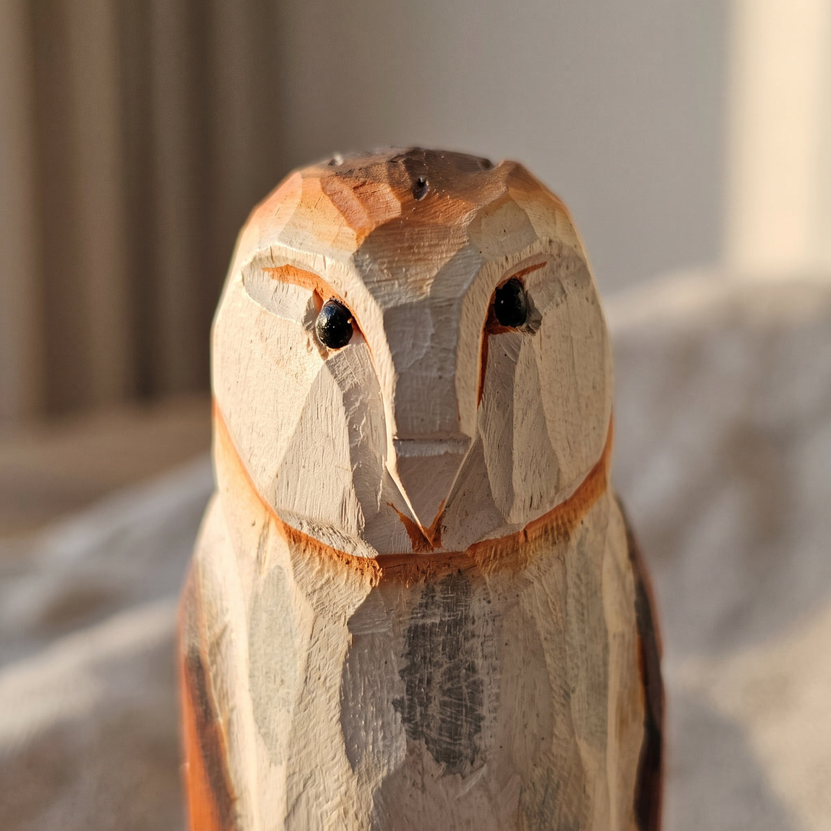 Hand-carved wooden barn owl head and face detail with natural wood grain in warm sunlight