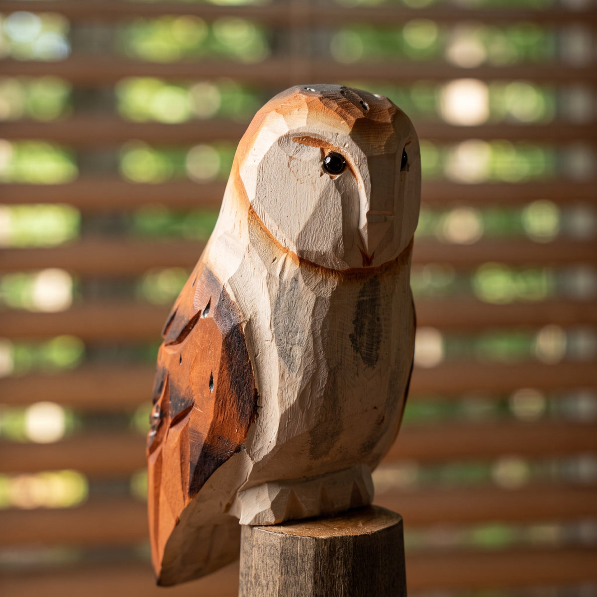 Detailed three-quarter view of a hand-painted wooden barn owl statue standing on a wood pedestal