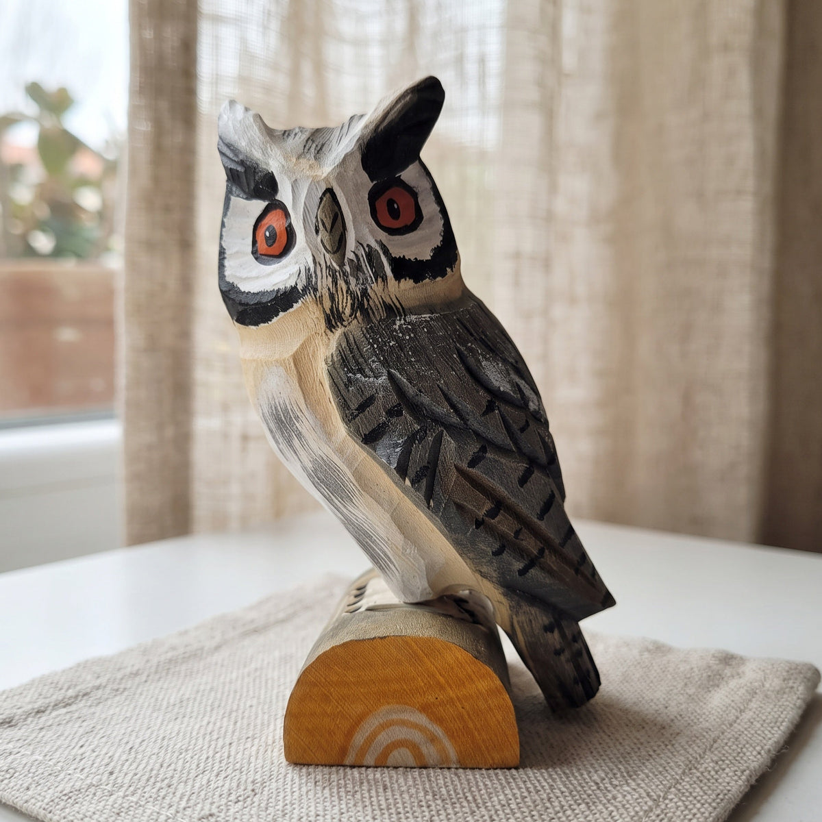 Handcrafted 4.5 inch basswood Northern white-faced owl figurine front view