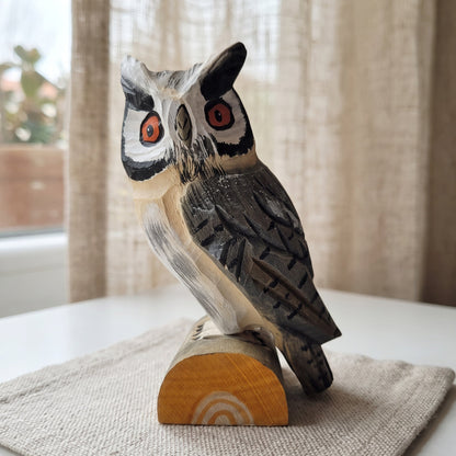 Handcrafted 4.5 inch basswood Northern white-faced owl figurine front view