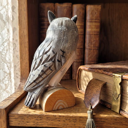 Hand-painted facial feather detail on basswood Northern white-faced owl sculpture