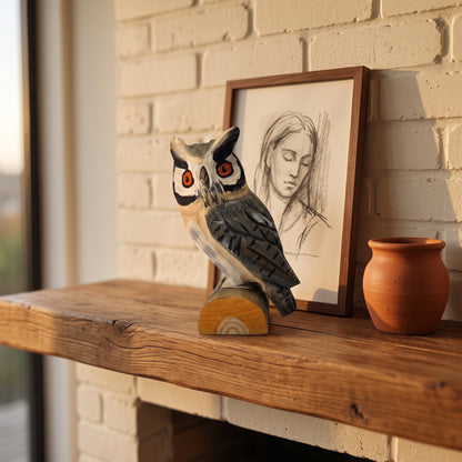 Handcrafted basswood Northern white-faced owl figurine displayed on a rustic wooden mantel next to framed artwork