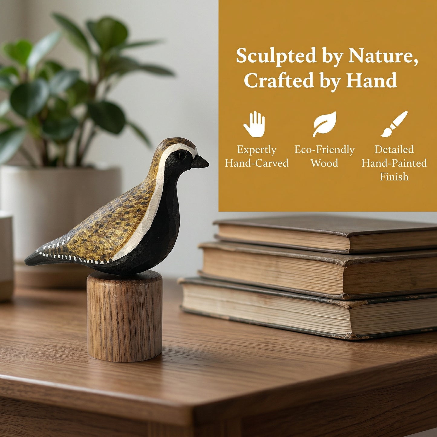Product feature infographic for the hand-carved Pacific Golden Plover wooden bird figurine on a solid base, highlighting expertly hand-carved details, eco-friendly wood, and detailed hand-painted finish beside a stack of books.