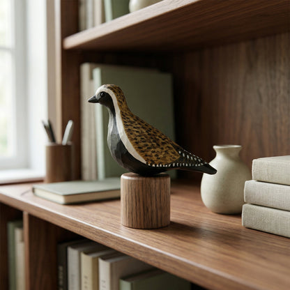 Hand-carved wooden Pacific Golden Plover bird figurine perched on a cylindrical wooden base, displayed on a wooden bookshelf next to a small ceramic vase and books.
