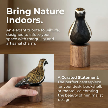 Collage featuring the hand-carved Pacific Golden Plover wooden bird figurine on a black walnut base, viewed from front and held in hand, with text "Bring Nature Indoors" and "A Curated Statement."
