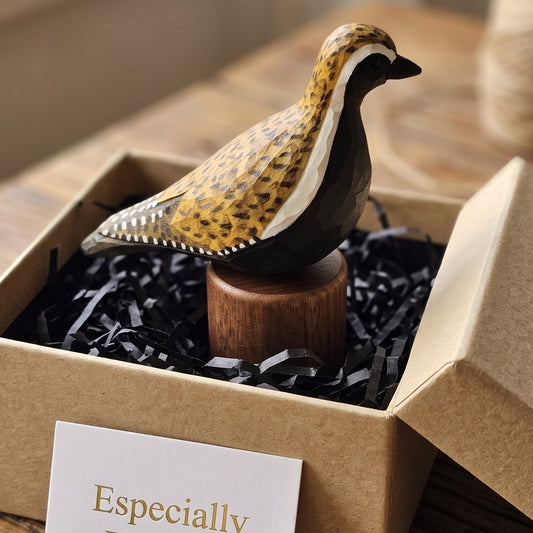 Hand-carved Pacific Golden Plover wooden bird figurine on a black walnut base nestled in an open kraft gift box with black paper shredding and an "Especially For You" card.