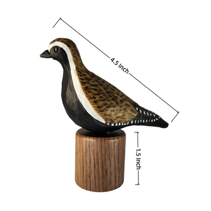 Size and dimension diagram of the hand-carved Pacific Golden Plover wooden bird figurine, showing a 4.5-inch bird length and a 1.5-inch black walnut base height.