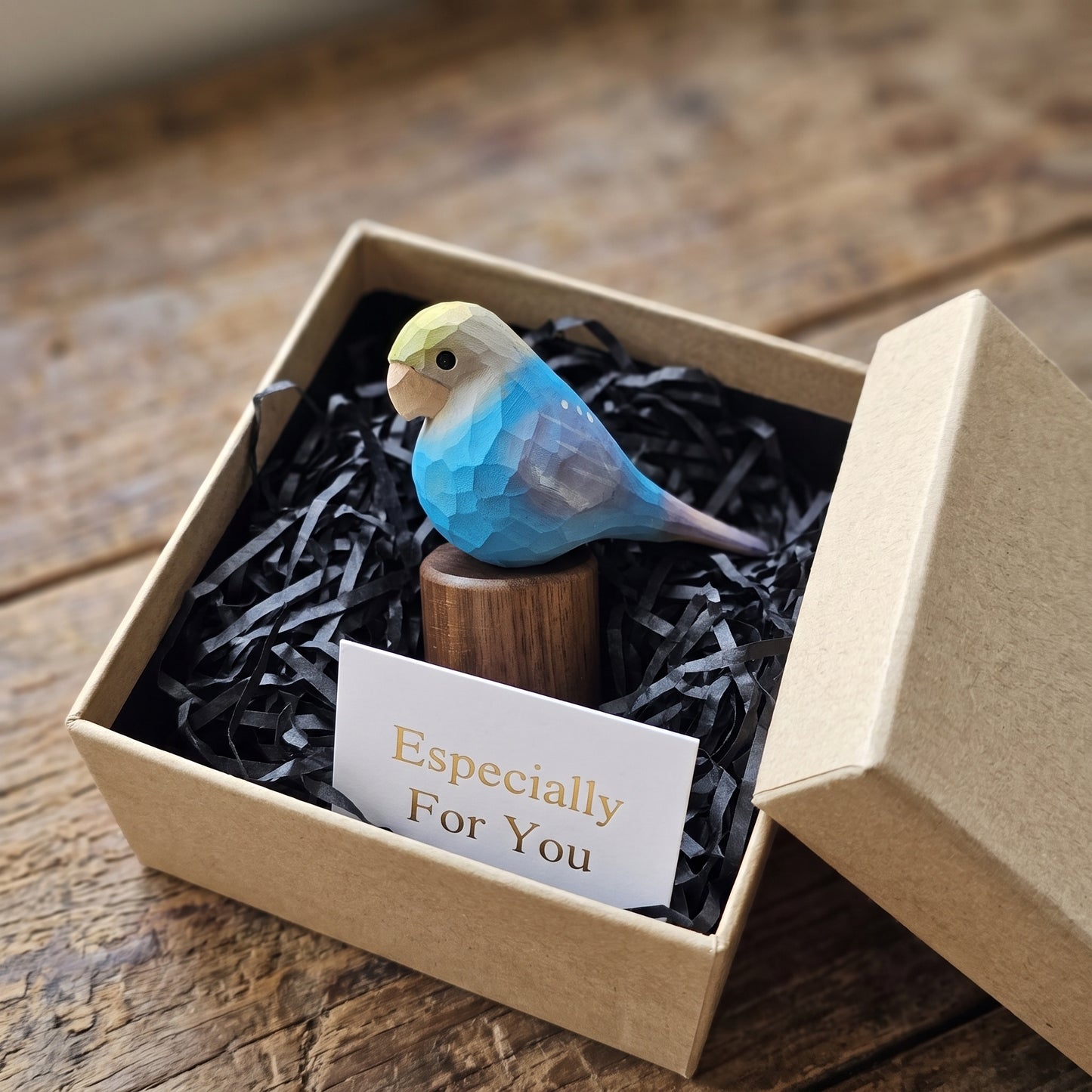 Hand Carved & Hand Painted Lovebirds Figurine | Blue | Basswood with Black Walnut Base