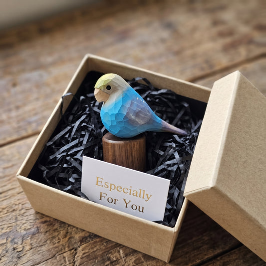 Hand Carved & Hand Painted Lovebirds Figurine | Blue | Basswood with Black Walnut Base