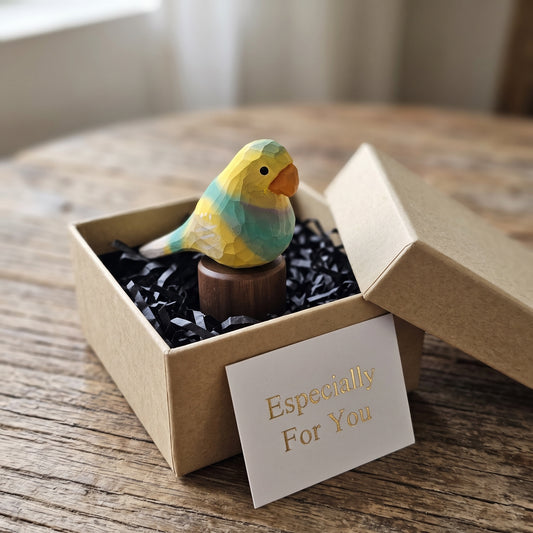Hand Carved & Hand Painted Lovebirds Figurine | Yellow & Green | Basswood with Black Walnut Base