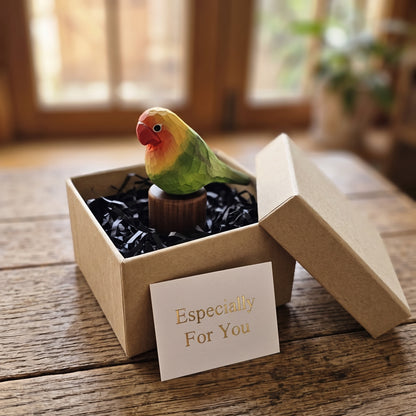 Hand Carved & Hand Painted Lovebirds Figurine | Green | Basswood with Black Walnut Base