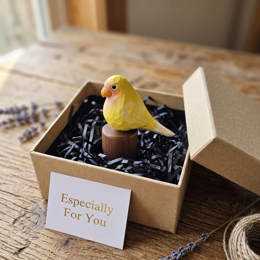 Hand Carved & Hand Painted Lovebirds Figurine | Yellow | Basswood with Black Walnut Base
