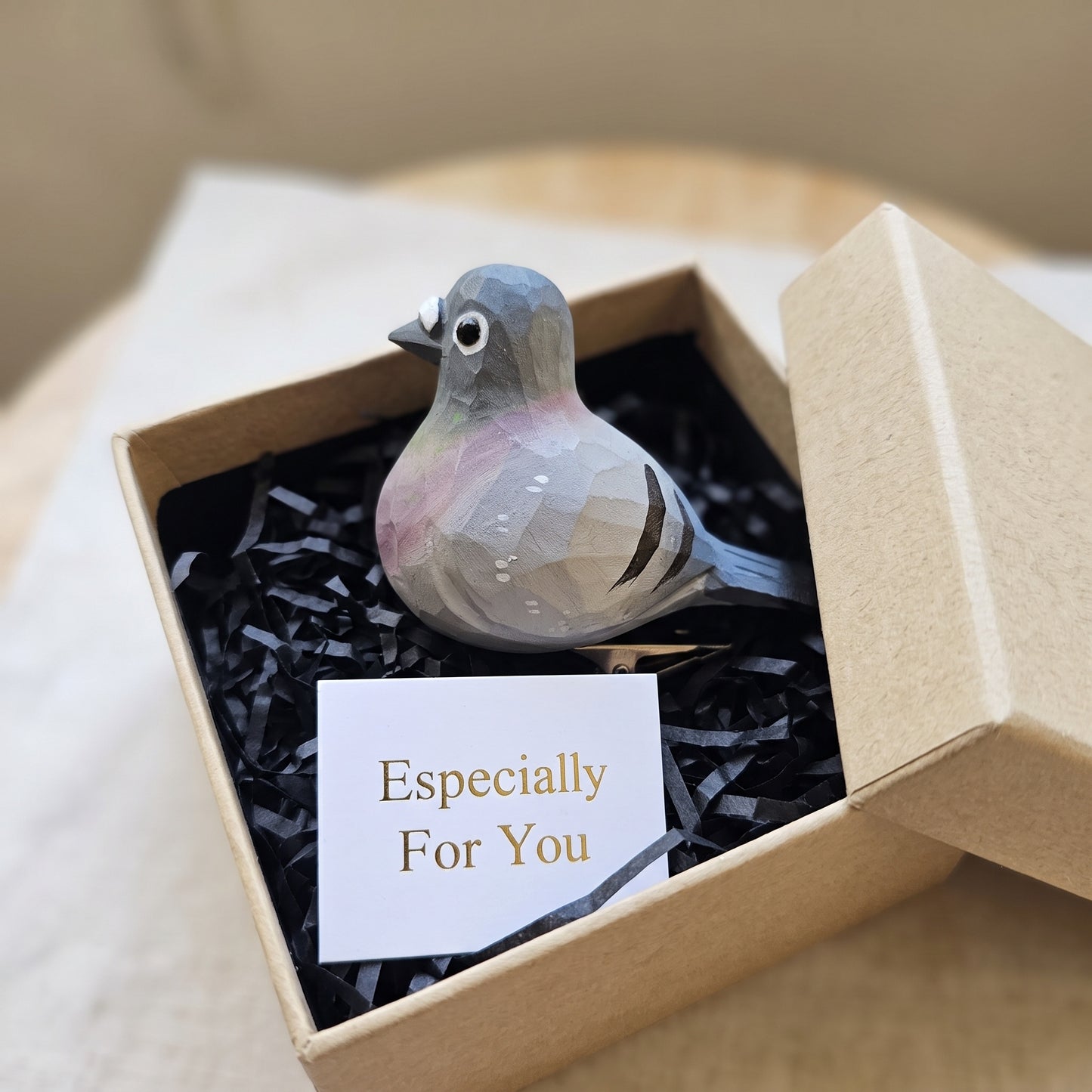 Hand-Carved Pigeon Clip-On Bird Ornament | Basswood | 3.5" Handmade Wood Sculpture | 2 Colours