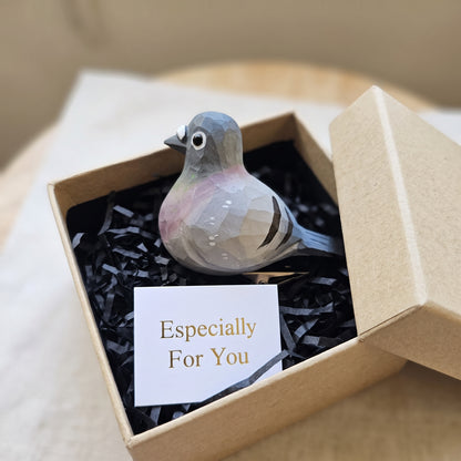 Hand-Carved Pigeon Clip-On Bird Ornament | Basswood | 3.5" Handmade Wood Sculpture | 2 Colours
