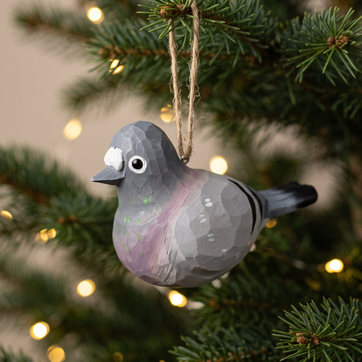 Handcrafted wooden pigeon hanging Christmas tree ornament.