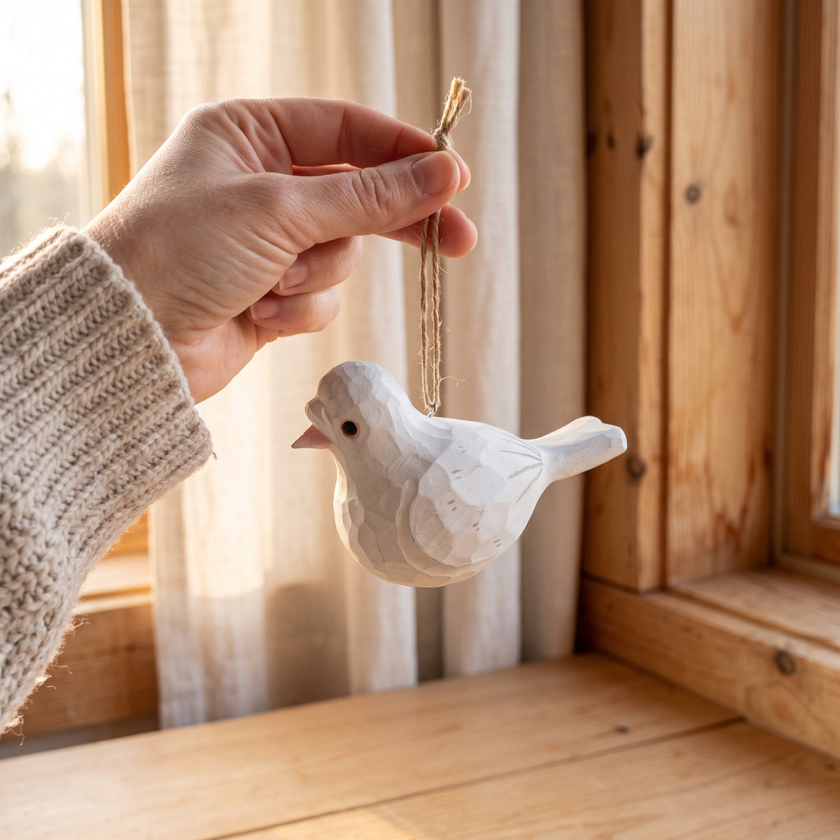 A hand wearing a beige knit sweater holds a small white carved pigeon ornament with a twine hanger in front of a warm wooden window and curtain background.