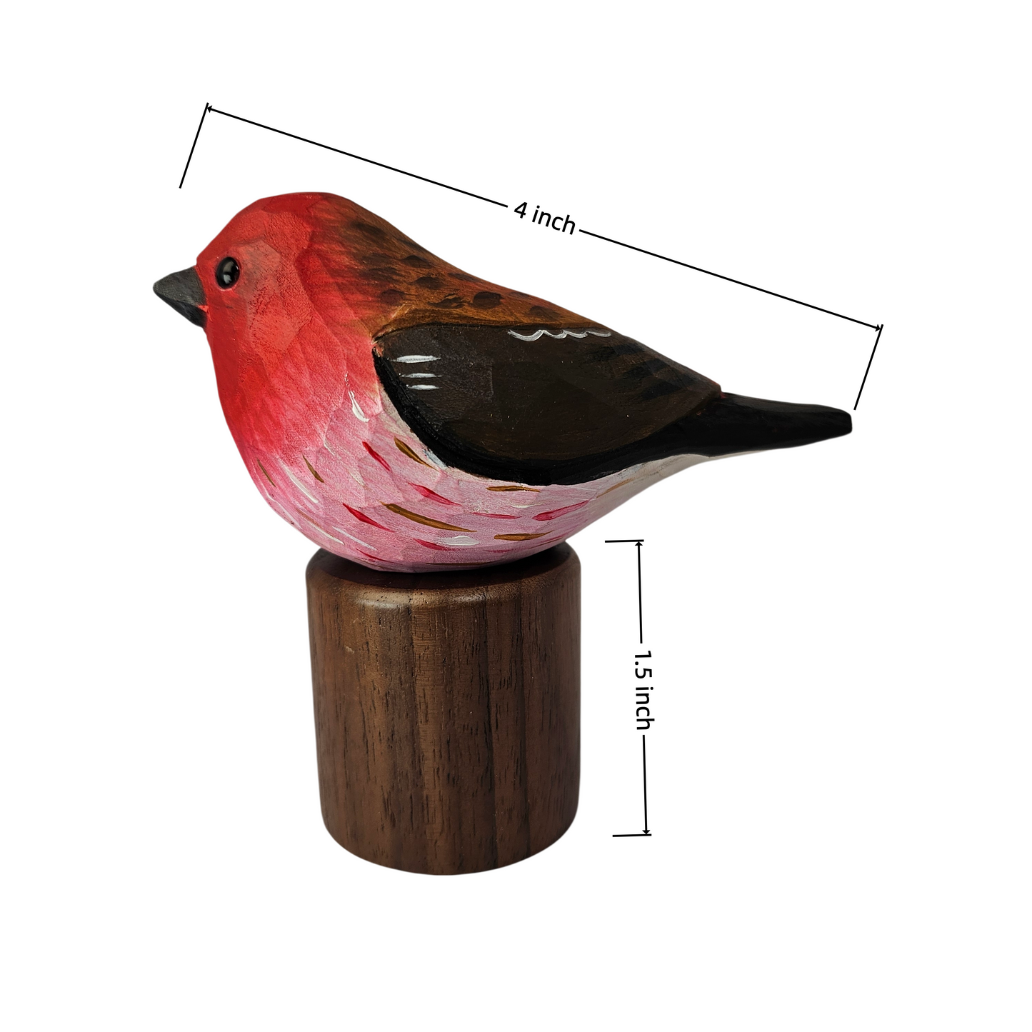 A painted Purple finch figurine perched on a cylindrical wooden base, shown on a white background with dimension lines indicating 4 inch length and 1.5 inch height.