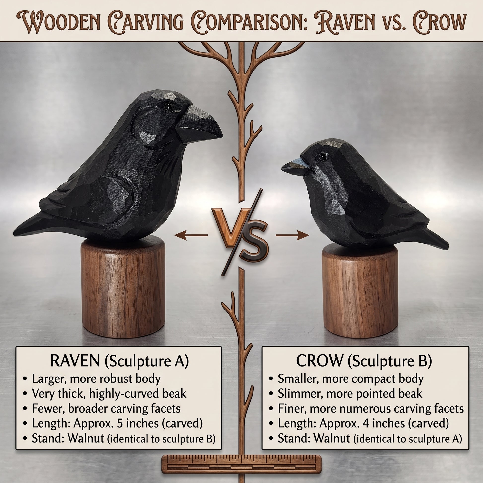 A comparison graphic titled 'Wooden Carving Comparison: Raven vs. Crow' showing two carved bird sculptures on wooden bases, with text listing differences between a raven and crow.