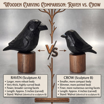 A comparison graphic titled 'Wooden Carving Comparison: Raven vs. Crow' showing two carved bird sculptures on wooden bases, with text listing differences between a raven and crow.