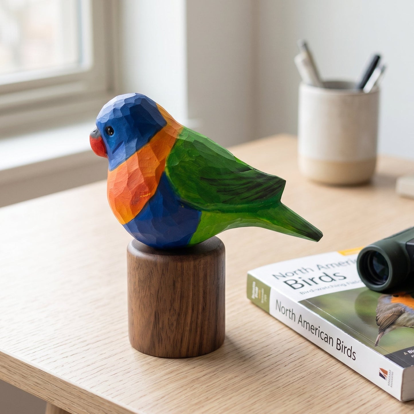 A colorful geometric Rainbow lorikeet sculpture on a wooden base, displayed on a light wood table next to a book and binoculars in a bright indoor setting.