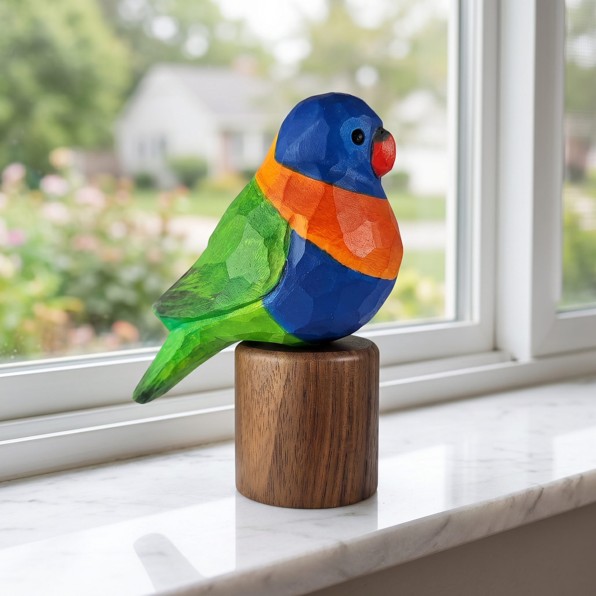 A colorful wooden Rainbow lorikeet sculpture with a blue head, green wings, orange chest, and red beak, displayed on a round wooden base on a white marble windowsill with a blurred garden view in the background.