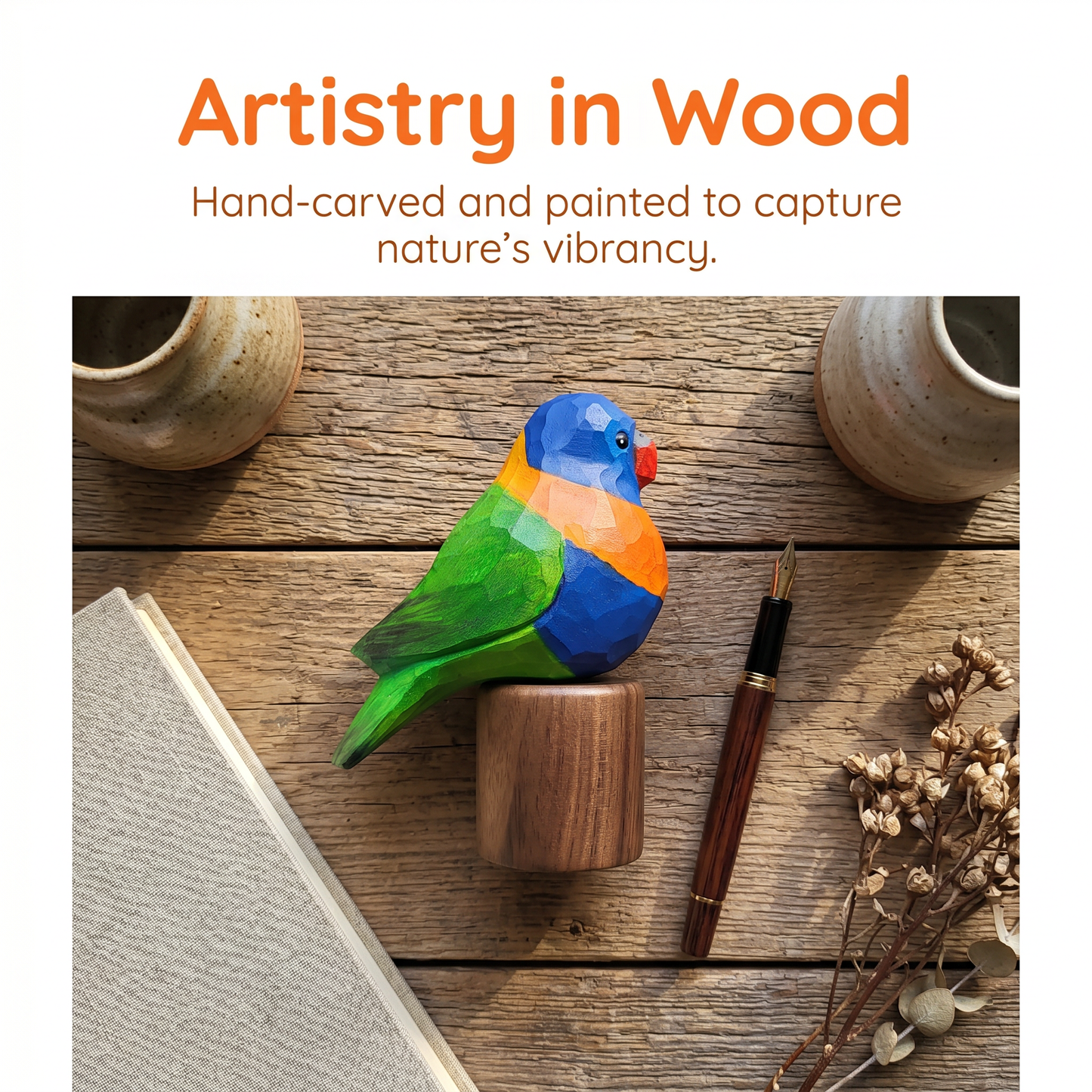 Hand-Carved Rainbow Lorikeet Figurine with Black Walnut Base | Handmade Wooden Bird Sculpture