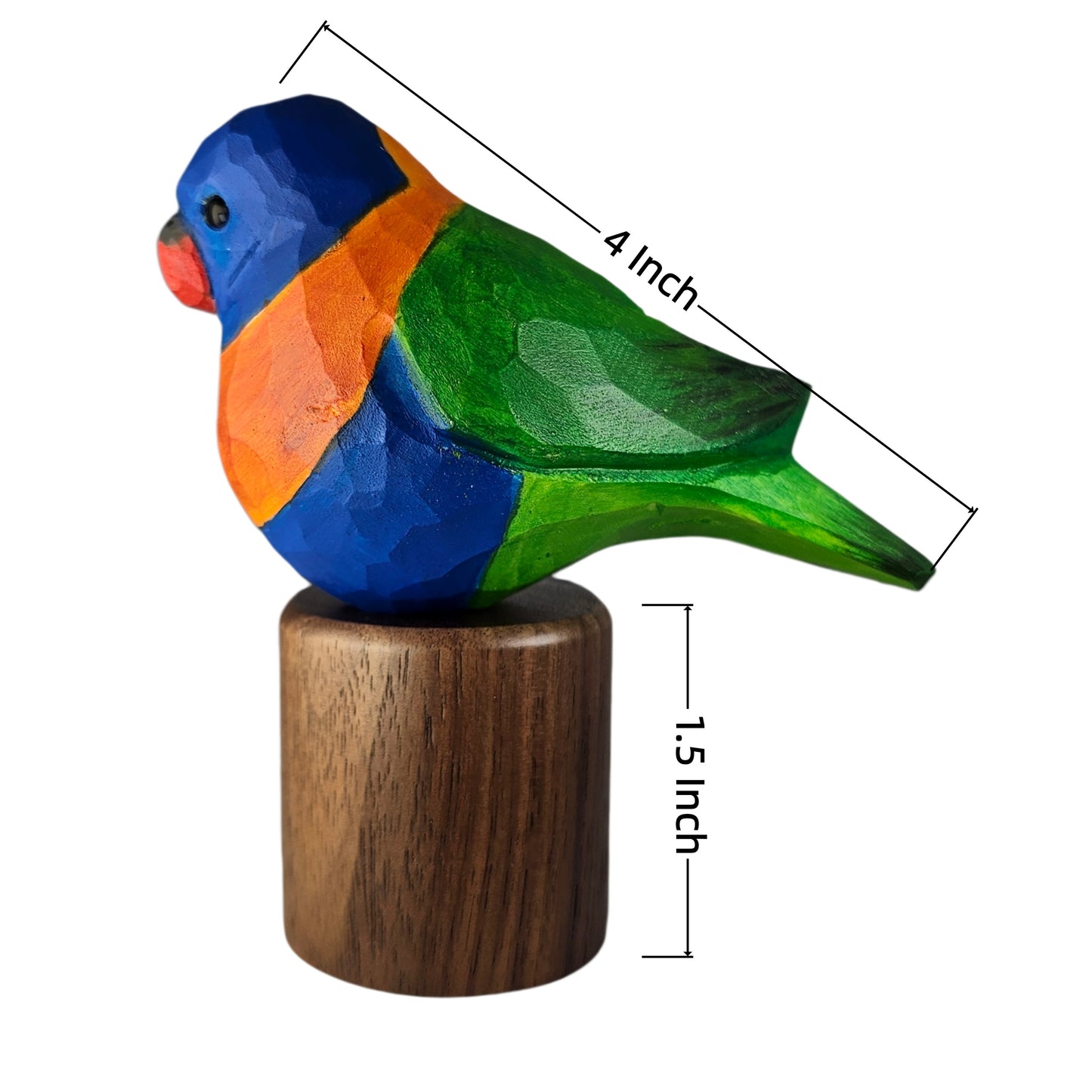 A colorful wooden Rainbow lorikeet sculpture on a cylindrical wooden base, shown with dimension lines indicating a total length of 4 inches and a height of 1.5 inches, on a plain white background.