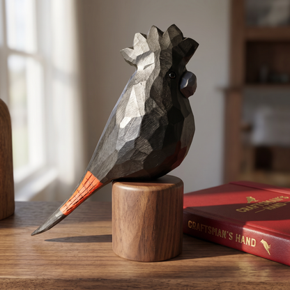 A faceted wooden Red-tailed Black Cockatoo sculpture perched on a cylindrical wooden base, displayed on a wooden table next to a red book in a softly blurred indoor setting.