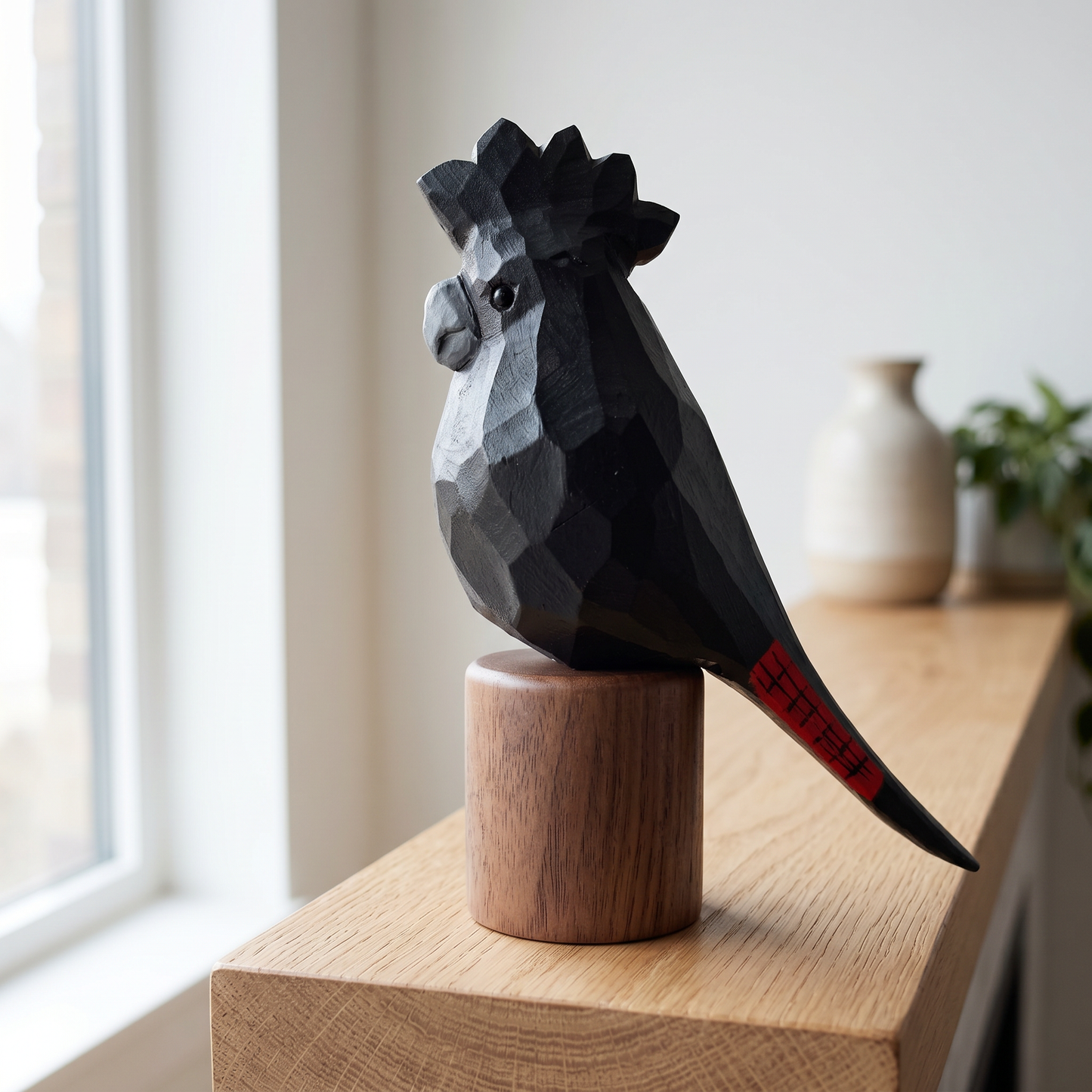 A black faceted geometric Red-tailed Black Cockatoo sculpture sitting on a round wooden base, placed on a light wood table in a bright indoor setting near a window.