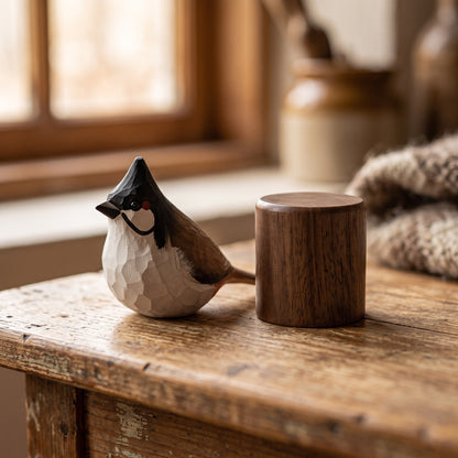 A carved wooden Red-whiskered bulbul figurine with a black beak and red eye detail sits on a rustic wooden table next to a matching cylindrical wooden container, with a softly blurred indoor background.