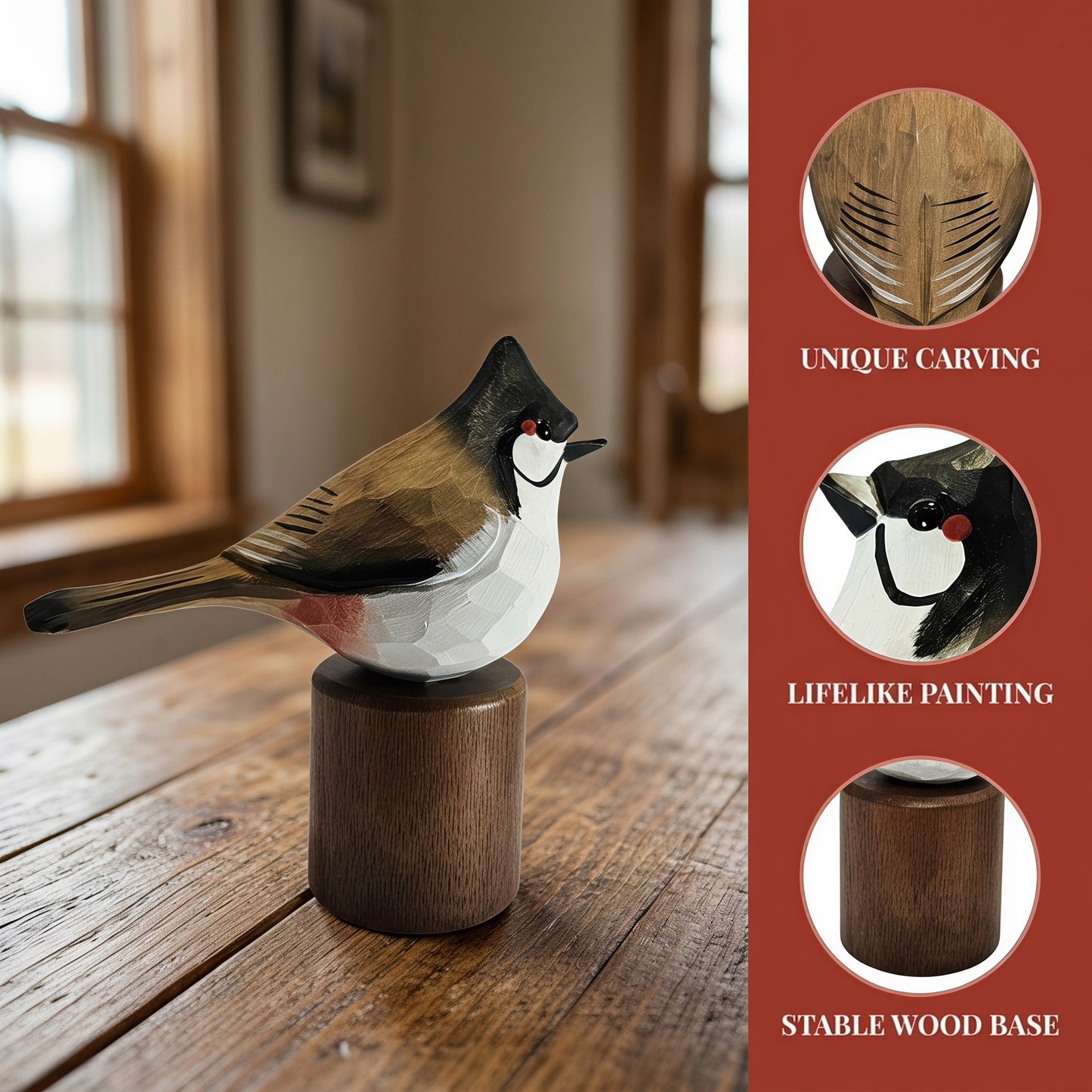 Hand-painted wooden Red-whiskered bulbul figurine on a cylindrical wood base, shown on a rustic wooden table with a red informational panel on the right highlighting unique carving, lifelike painting, and stable wood base.