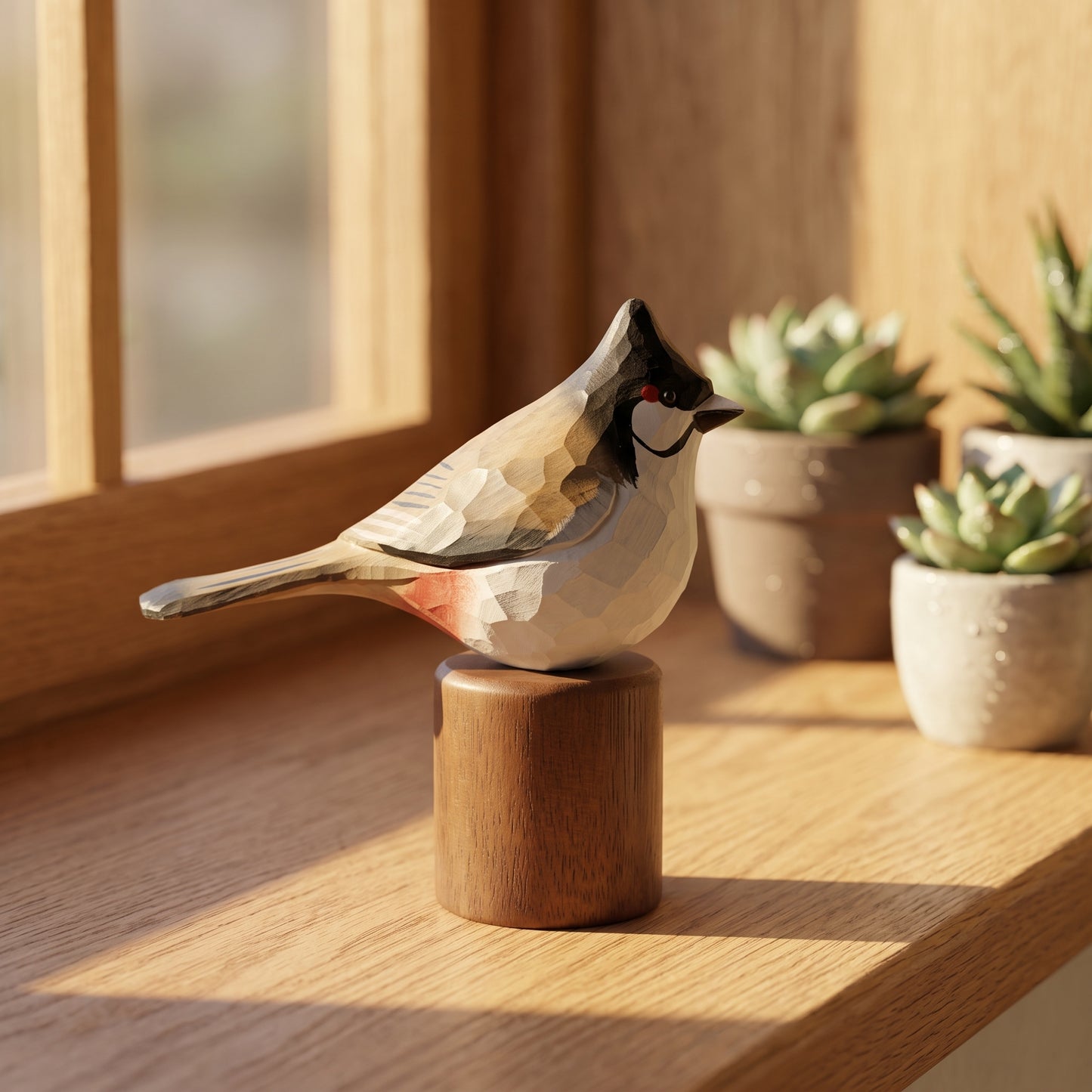 A geometric Red-whiskered bulbul figurine with a black, white, and gray faceted pattern and a small red eye, standing on a round wooden base on a sunlit wooden windowsill with potted succulents in the background.