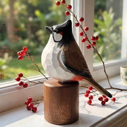 A sculpted Red-whiskered bulbul figurine with a geometric faceted pattern, perched on a cylindrical wooden base on a windowsill. The bird has a white and gray body, a brown back, and a black and red head.
