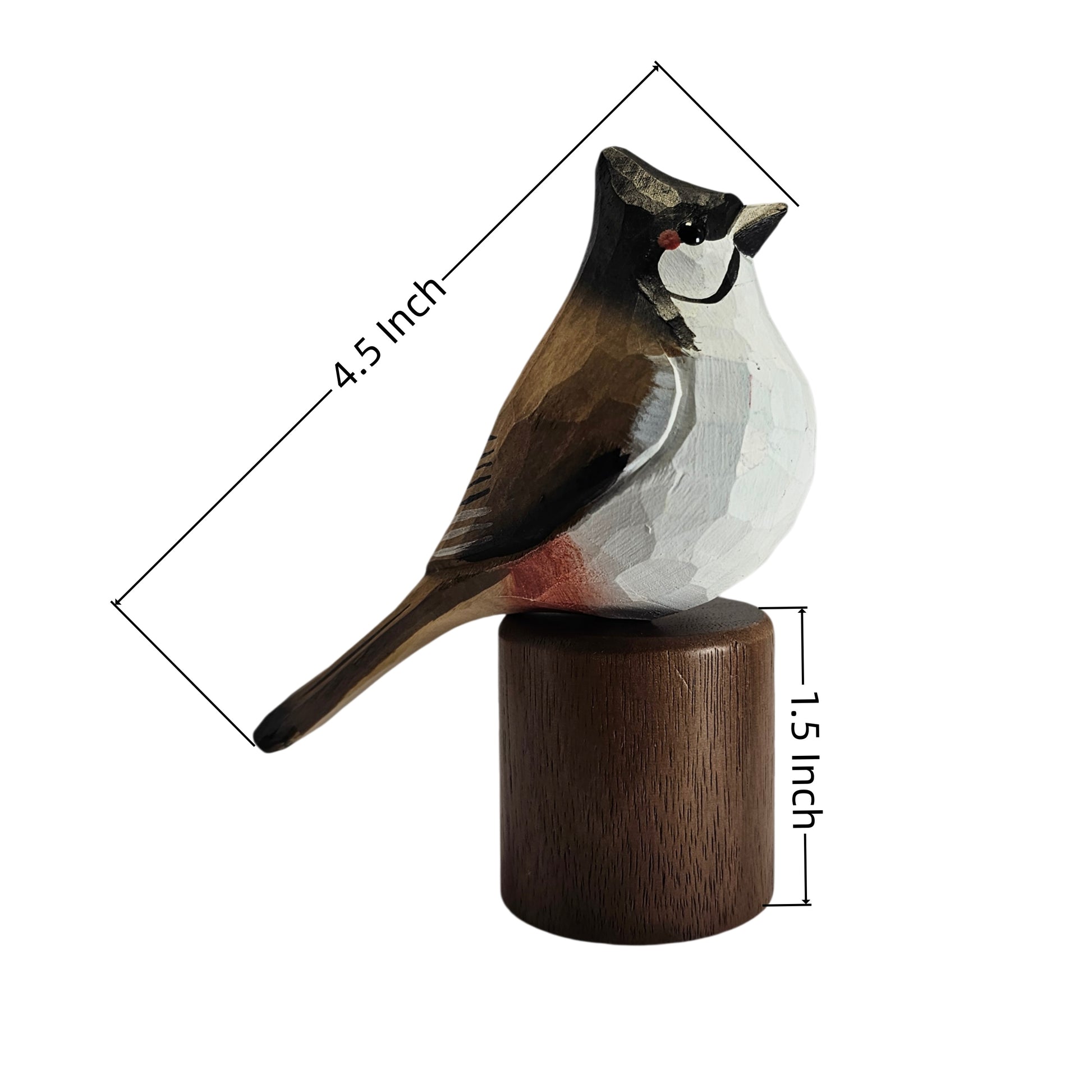 A painted Red-whiskered bulbul figurine perched on a cylindrical wooden base, shown with dimension lines and text indicating a total length of 4.5 inch and a base height of 1.