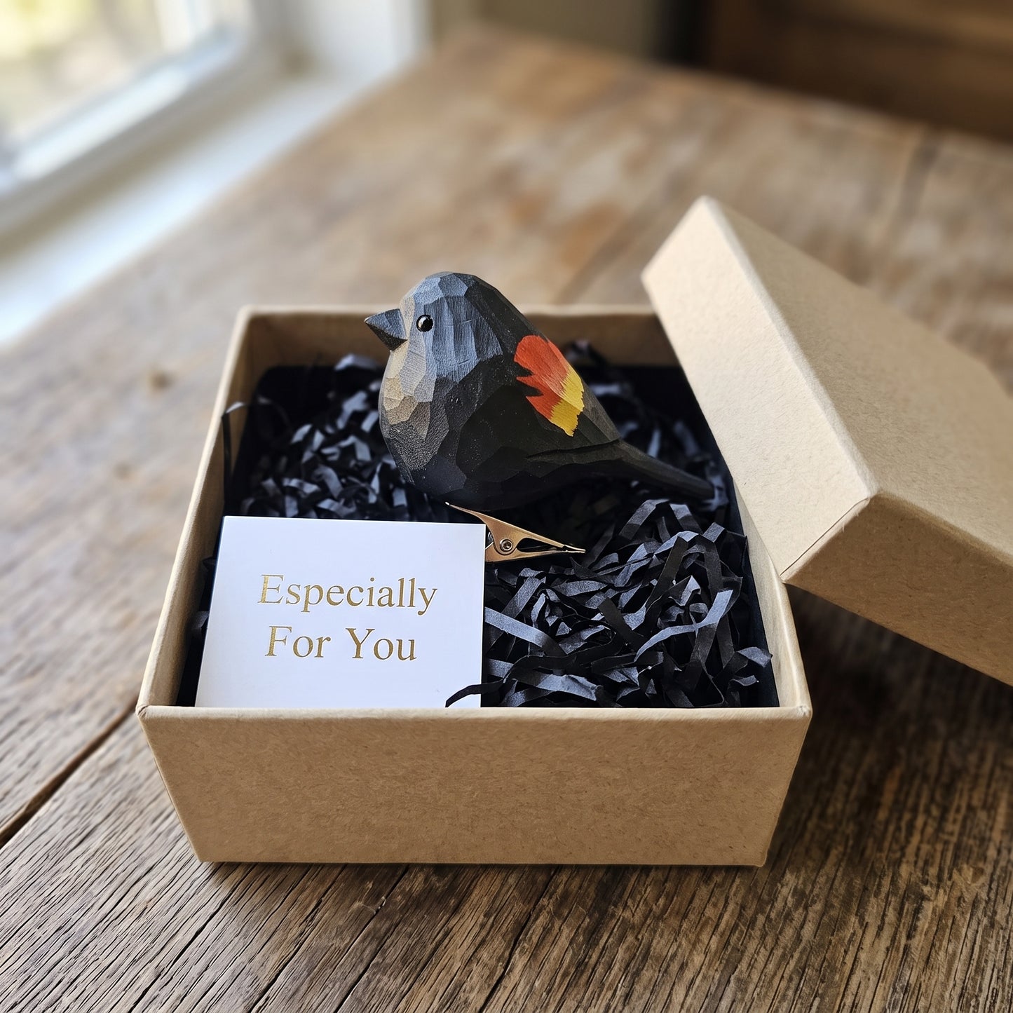 Hand-Carved Red-Winged Blackbird Clip-On Bird Ornament | Basswood | 3" Handmade Wood Sculpture