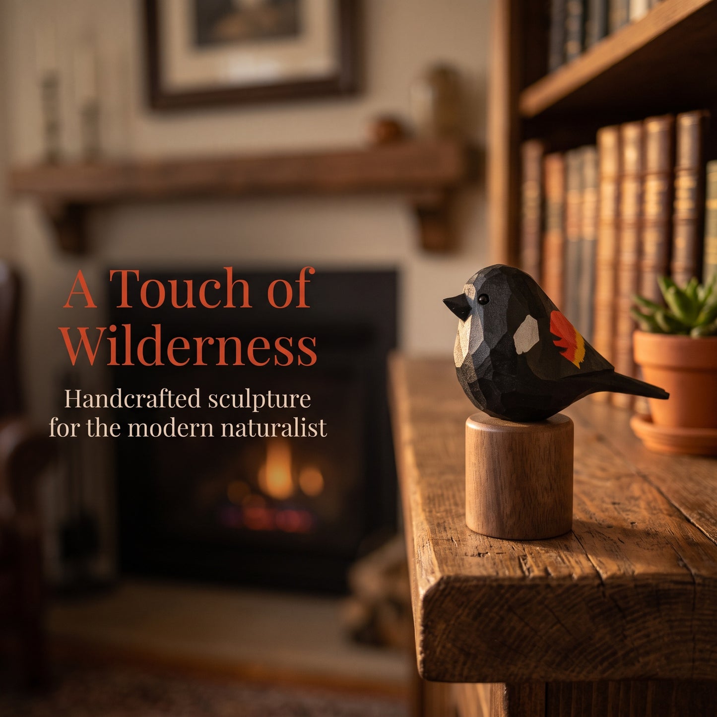 A handcrafted wooden Red-winged blackbird sculpture with geometric facets in black, white, orange, and red, mounted on a round wooden base and displayed on a rustic wooden table in a cozy, warmly lit room with a blurred fireplace and bookshelves in the background. Text on the left reads 'A Touch of Wilderness: Handcrafted sculpture for the modern naturalist'.