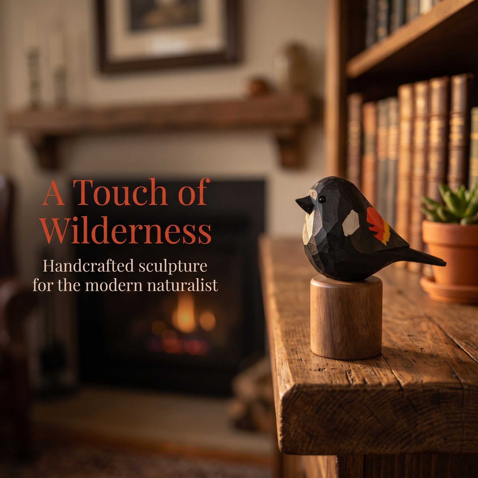 A handcrafted wooden Red-winged blackbird sculpture with geometric facets in black, white, orange, and red, mounted on a round wooden base and displayed on a rustic wooden table in a cozy, warmly lit room with a blurred fireplace and bookshelves in the background. Text on the left reads 'A Touch of Wilderness: Handcrafted sculpture for the modern naturalist'.