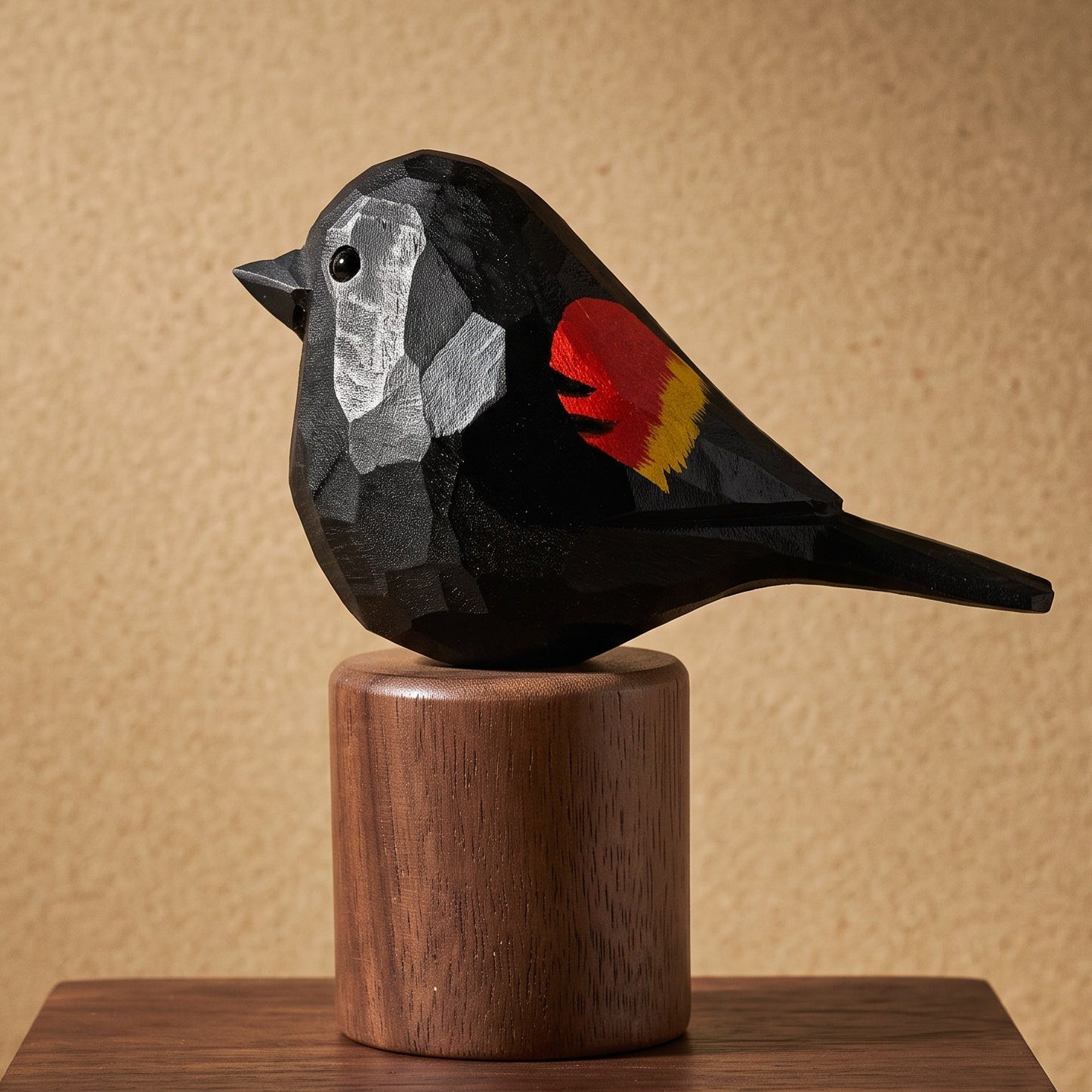 A carved Red-winged blackbird sculpture with a black body, white face, and red and yellow wing detail, mounted on a cylindrical wooden pedestal against a warm beige textured background.