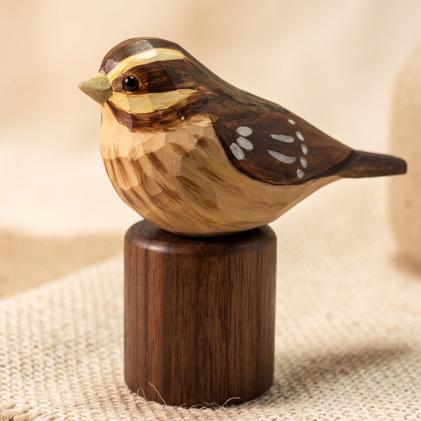 A hand-carved wooden Rose-breasted Grosbeak figurine with natural wood grain, perched on a cylindrical dark wood base, set against a soft beige background with a blurred ceramic vase.