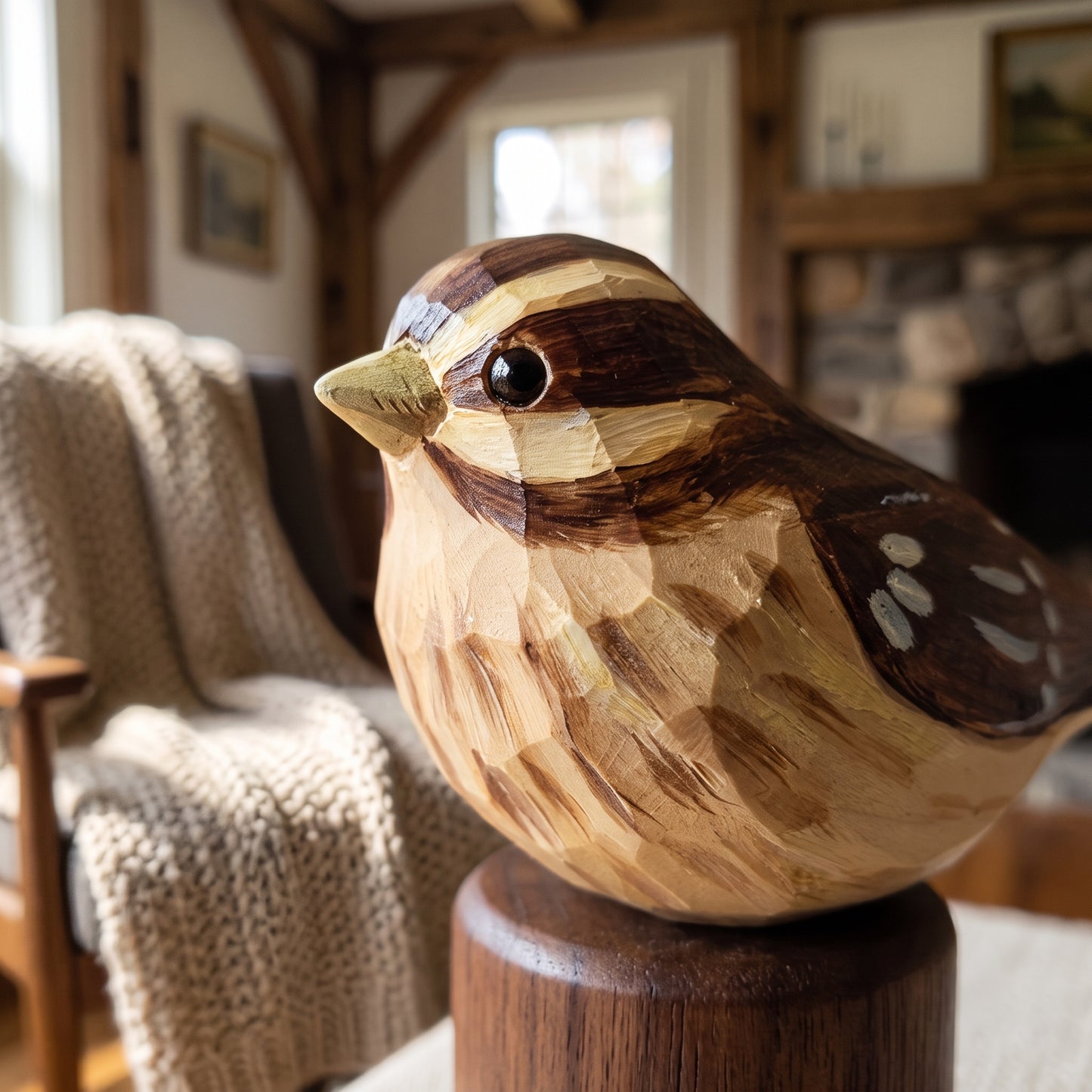 A hand-carved wooden Rose-breasted Grosbeak sculpture with natural wood grain patterns, perched on a dark wooden pedestal in a cozy, softly blurred indoor setting.